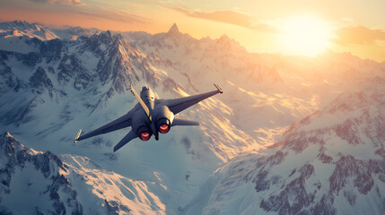 A fighter jet soaring above a snowy mountain range with sunlight reflecting on its wings.