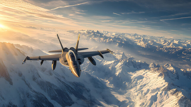A fighter jet soaring above a snowy mountain range with sunlight reflecting on its wings.