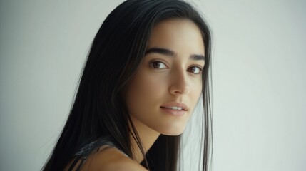 Naklejka premium Woman with long black hair and a black tank top