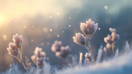 close-up of frost crystals on a plant with a blurred, snowy background. Frosted. Illustration