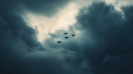 A fleet of F-22 Raptors soaring through the clouds in perfect formation.