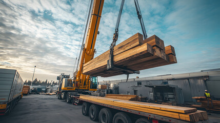 A giant logging crane lifting heavy timber onto a flatbed truck in an industrial loading zone.