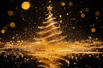 Naklejka premium Golden champagne splashes form a sparkling Christmas tree, embodying holiday cheer and celebration