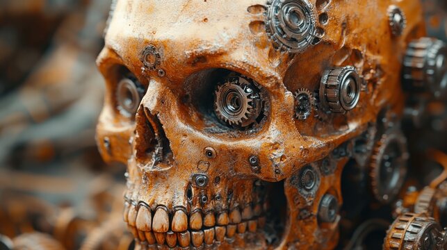 Steampunk skull with intricate clockwork gears replacing eyes and embedded in the bone structure.