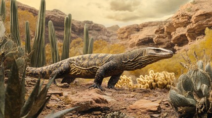 Realistic Lizard in a Desert Landscape Surrounded by Cacti