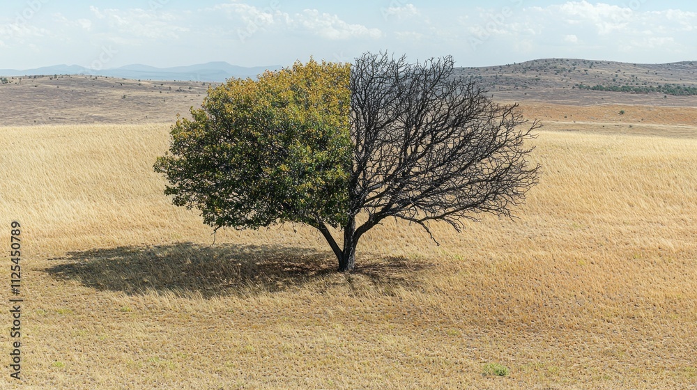 Poster in a tranquil landscape, a remarkable tree stands divided into two distinct sections, showcasing a l