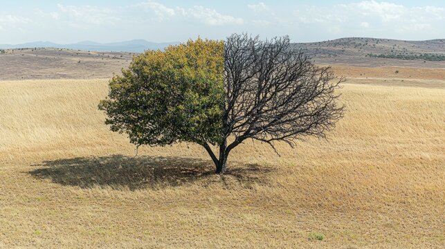In a tranquil landscape, a remarkable tree stands divided into two distinct sections, showcasing a lively green side and a barren, lifeless counterpart against a dry background