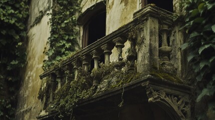 Obraz premium Abandoned Balcony Overgrown with Ivy in an Old Derelict Building