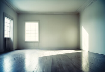 empty room with windows against plain background with space for text