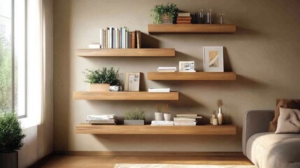 Fototapeta premium Stylish Wooden Shelves with Decor Items in Modern Living Room