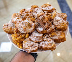 Authentic sweet Christmas French toast served with sugar and cinnamon in a Christmas atmosphere