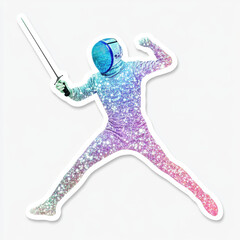 A vibrant, glittery illustration of a fencer in a dynamic pose, showcasing a sparkling fencing suit and helmet with a sword, symbolizing energy and motion against a white background.