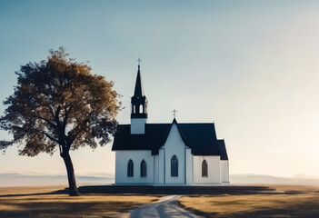 Naklejka premium church in winter against simple background with space for text