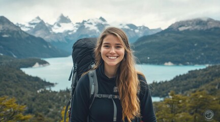 Fototapeta premium Smiling Woman Hiker with Yellow Backpack on Mountain Top with Lake and Forest