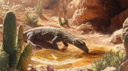 Fototapeta premium Lizard Near Water Pool in Desert Landscape with Cacti and Rocks