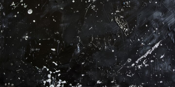 An abstract composition showcases a deep black backdrop with scattered white spots creating a captivating pattern that suggests age and wear. This artwork invites exploration of hidden narratives.