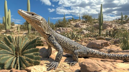 Realistic Desert Lizard Near Cacti in Arid Landscape Environment