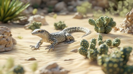 Obraz premium Lizard Crawling Through Desert Landscape Surrounded by Cacti