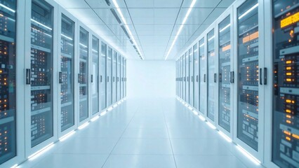Server racks in clean white space, futuristic style. Data center interior