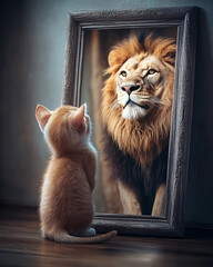 A small orange kitten gazing into a mirror reflecting a majestic lion, symbolizing self-perception, inner strength, and aspiration