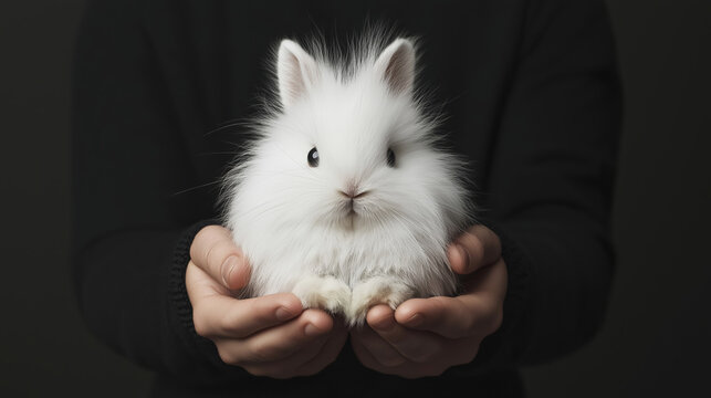 Fluffy white bunny held in hands against a dark background. Animal care and pet adoption concept. Design for articles, advertisements, and greeting cards.