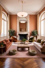 elegant living room with green pants and ceiling lamp, warm tones and high ceilings