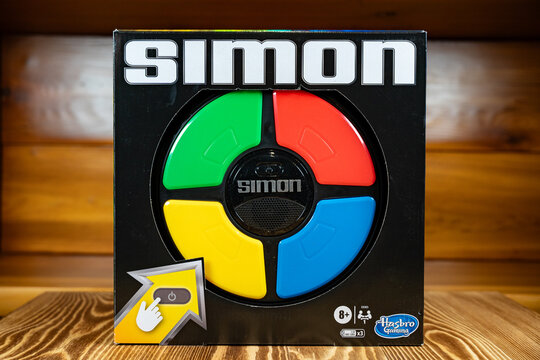 Box of the Simon board game. Simon is an electronic game of short-term memory skill. Toronto, Canada - October 5, 2024.