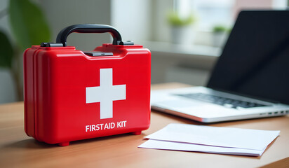 Red first aid kit on a desk next to a laptop in an office