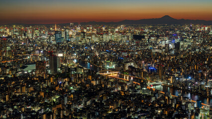 Tokyo Japan Sunset with Fuji and lights on