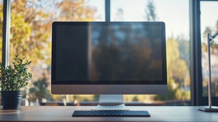 Fototapeta premium Modern Desktop Computer Workspace Near Window