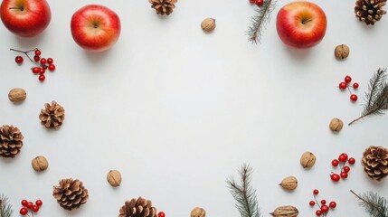 Thanksgiving flat lay featuring pumpkins, apples, walnuts, pine cones, and rowan berries on a white background with blank space