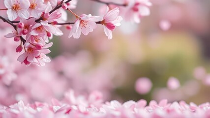 Soft pink sakura petals gently falling against a blurred background, blossom