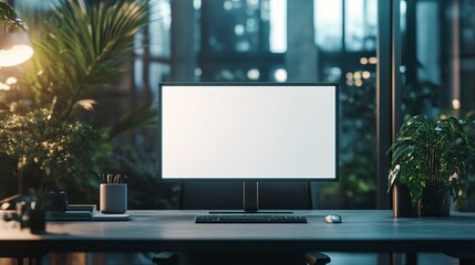 Modern Workspace With Blank Computer Screen And Plants