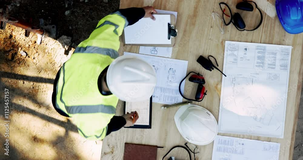 Fototapete Above, person and paper on construction site for planning, urban development and project management with checklist. Engineer man, blueprint and tech at table for building renovation in architecture