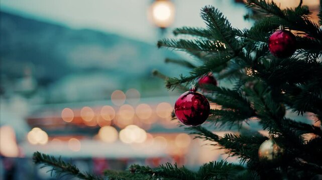 Close up of decorations on a Christmas tree in front of the Monte Carlo Casino in Monaco