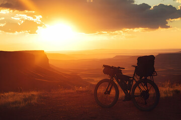 Obraz premium Majestic trekking bike silhouetted in the backlight of a glowing sunset