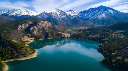 Obraz premium A majestic aerial shot of a mountain lake with emerald waters reflecting towering snow-capped peaks.