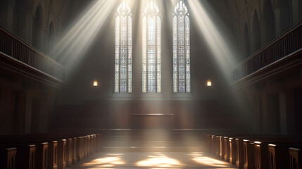 A historic American college chapel with sunlight streaming through stained glass windows.