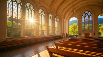 A historic American college chapel with sunlight streaming through stained glass windows.