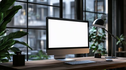 Fototapeta premium Modern Workspace Featuring Blank Computer Screen