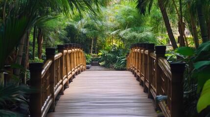Serene Wooden Bridge Surrounded by Lush Green Tropical Plants