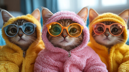 Cats dressed in colorful costumes with glasses, looking charming