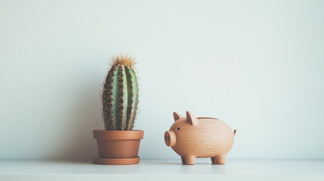 Cactus Plant in Pot Beside Wooden Piggy Bank on Bright Shelf