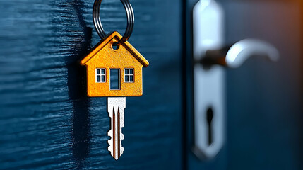 A key with a house-shaped keychain is inserted into a door lock, symbolizing home ownership and security.