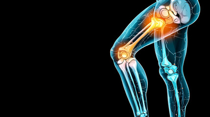 Illustration of a human knee joint highlighting pain or injury, showcasing the anatomical structure and potential issues in a detailed manner.