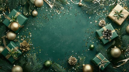 Fototapeta premium Christmas Eve concept with a vertical top-down shot of gift boxes, ribbons, gold and green baubles, confetti, and pine branches on a green backdrop