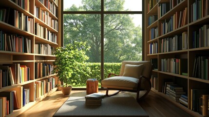 Cozy Reading Nook with Natural Light and Shelves of Books