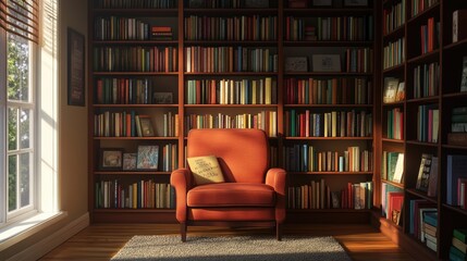 Cozy Reading Nook with Bookshelves and Orange Armchair Interior