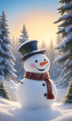 Obraz premium A winter fairy tale with a dressed up snowman and golden light through the trees.