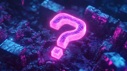 Neon question mark floating on a dark background, concept for doubt and questioning high angle, illustration, high angle view, technology, confusion, symbol, uncertainty. Enigma. Illustration